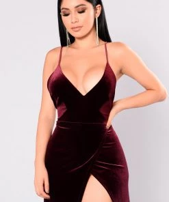 FashionNob Wedding Guest Angelique Velvet Maxi Dress - Dark Burgundy