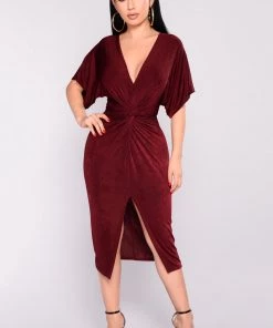 Fashion Nob Wedding Guest Full Grown Knot Dress - Burgundy