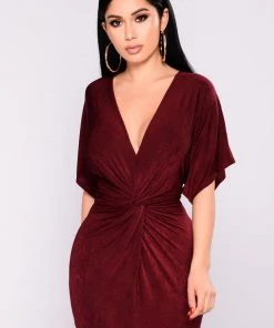 Fashion Nob Wedding Guest Full Grown Knot Dress - Burgundy