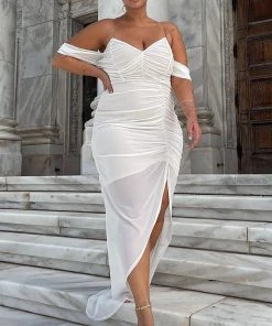 Fashion Nob DRESSES Feeling Ruched Mesh Maxi Dress - White/combo 12 Fashion Nob DRESSES Feeling Ruched Mesh Maxi Dress - White/combo