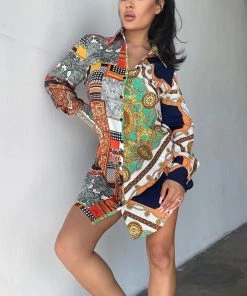 Fashion Nob Hold My Calls Shirt Mini Dress - Orange/combo