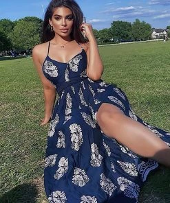 Mysite New Today Holy Slit Dress - Navy