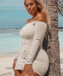 Fashion Nova Influencer Looks Jacklyn Off Shoulder Mini Dress - Oatmeal