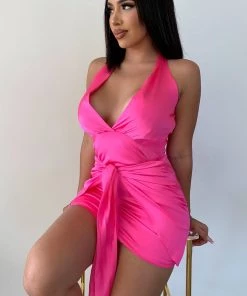 Fashion Nova Liliana Halter Mini Dress - Hot Pink