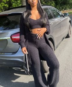 Fashion Nova Living In It Cozy 3 Piece Pant Set - Black