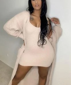 Fashion Nob Living In It Cozy Dress Set - Taupe Influencer Looks