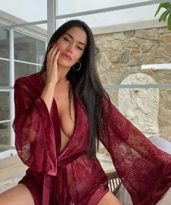Fashion Nob Sleepwear & Robes Lovers Touch Lace And Velvet Robe - Wine