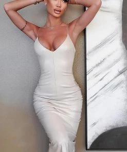 Fashion Nob Make It Sexy Faux Leather Midi Dress - Taupe