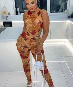 Fashion Nova Match My Beauty Mesh Jumpsuit - Taupe/combo