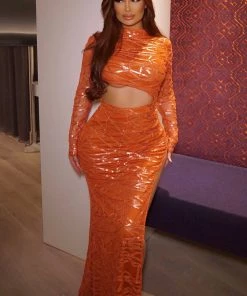 Mysite No Mistakes Made Sequin Maxi Dress - Orange DRESSES