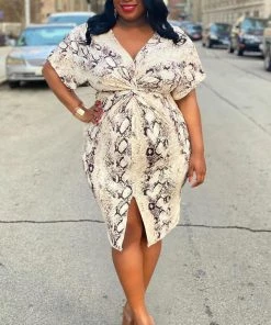 Mysite Not Hiss Girl Snake Print Midi Dress - Brown/combo New Today