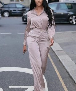 Fashion Nova Office Favorite Satin Pant Set - Taupe Office Babe