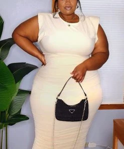 Fashion Nova One And Only Shoulder Pad Midi Dress - Cream Influencer Looks