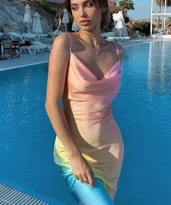 Mysite Over The Rainbow Satin Midi Dress - Multi Color New Today