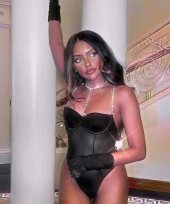 Fashion Nova Teddies & Babydolls Perfect Love Mesh Rhinestone Teddy - Black