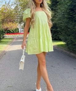 Mysite Pia Babydoll Mini Dress - Lime DRESSES