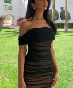 Mysite Ready And Ruched Mesh Midi Dress - Black Influencer Looks