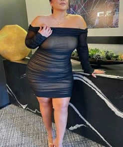Mysite Ready In A Ruched Off Shoulder Midi Dress - Black Influencer Looks