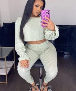 Fashion Nova Influencer Looks Rest Up Ribbed Legging Set - Sage