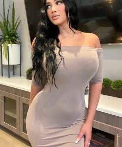 Mysite Saira Off Shoulder Dress - Mocha