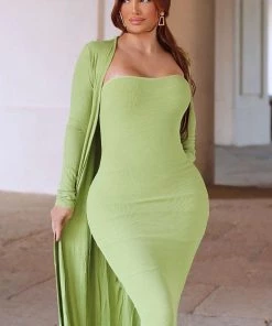 Fashion Nob Influencer Looks Satisfied Ribbed Maxi Dress Set - Green