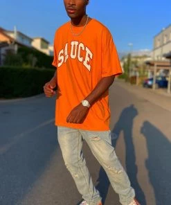 Fashion Nova New Today Sauce Short Sleeve Tee - Orange/White