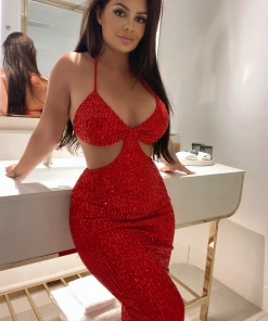 Mysite Sequin Sensation Midi Dress - Red DRESSES