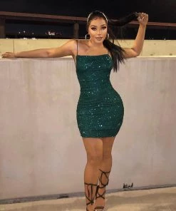 Mysite Influencer Looks Shine Bright Sequin Mini Dress - Hunter