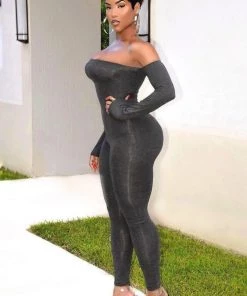 Fashion Nova Soothe Off Shoulder Jumpsuit - Charcoal Influencer Looks