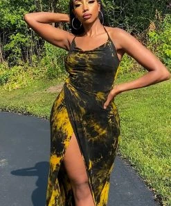 Mysite Influencer Looks Stained With Envy Halter Dress - Black/Mustard