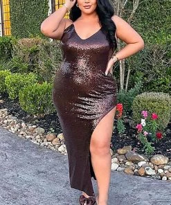 Mysite The Brightest Sequin Midi Dress - Brown DRESSES