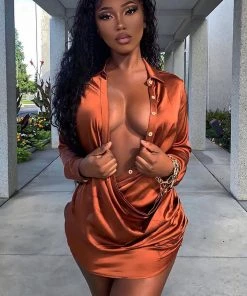 Mysite New Today Time Of Your Life Satin Shirt Dress - Brown