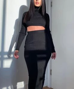 Fashion Nova Up To No Good Ribbed Midi Skirt Set - Black